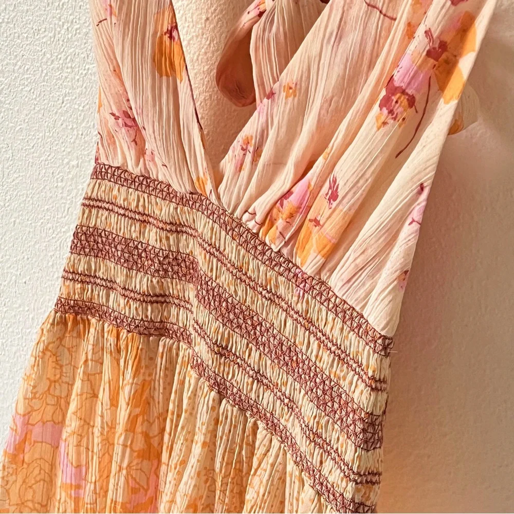 FREE PEOPLE Bohemian Y2K Style Babydoll Floral Pink Smocked Tank Top Size Small